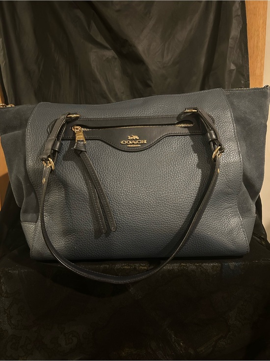 Coach Handbags - Coach Pebble Leather Shoulder Bag in Slate Blue and Black Trim